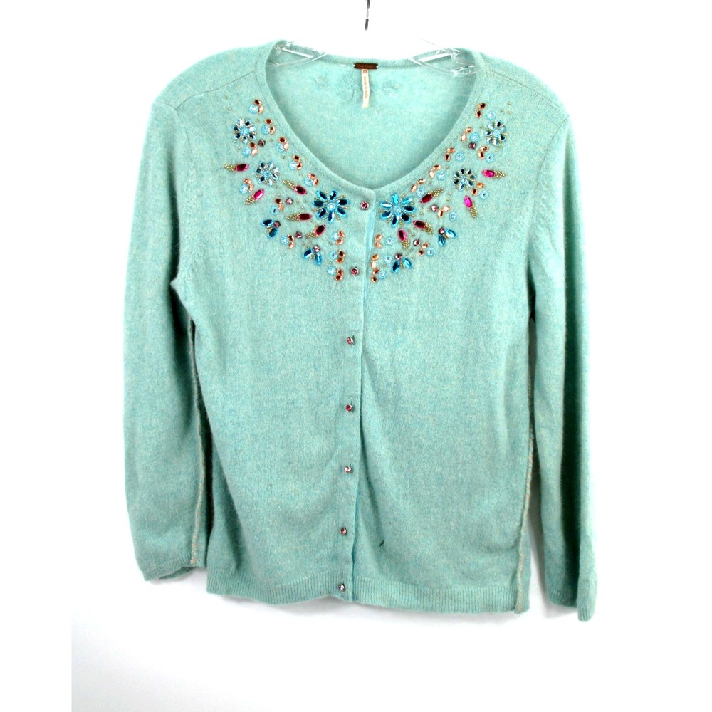 Free People Green Rhinestone Wool Angora Cardigan Sweater Womens Medium